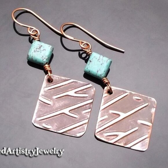 Turquoise and Embossed Copper Rhombus Earrings - Picture 1 of 3